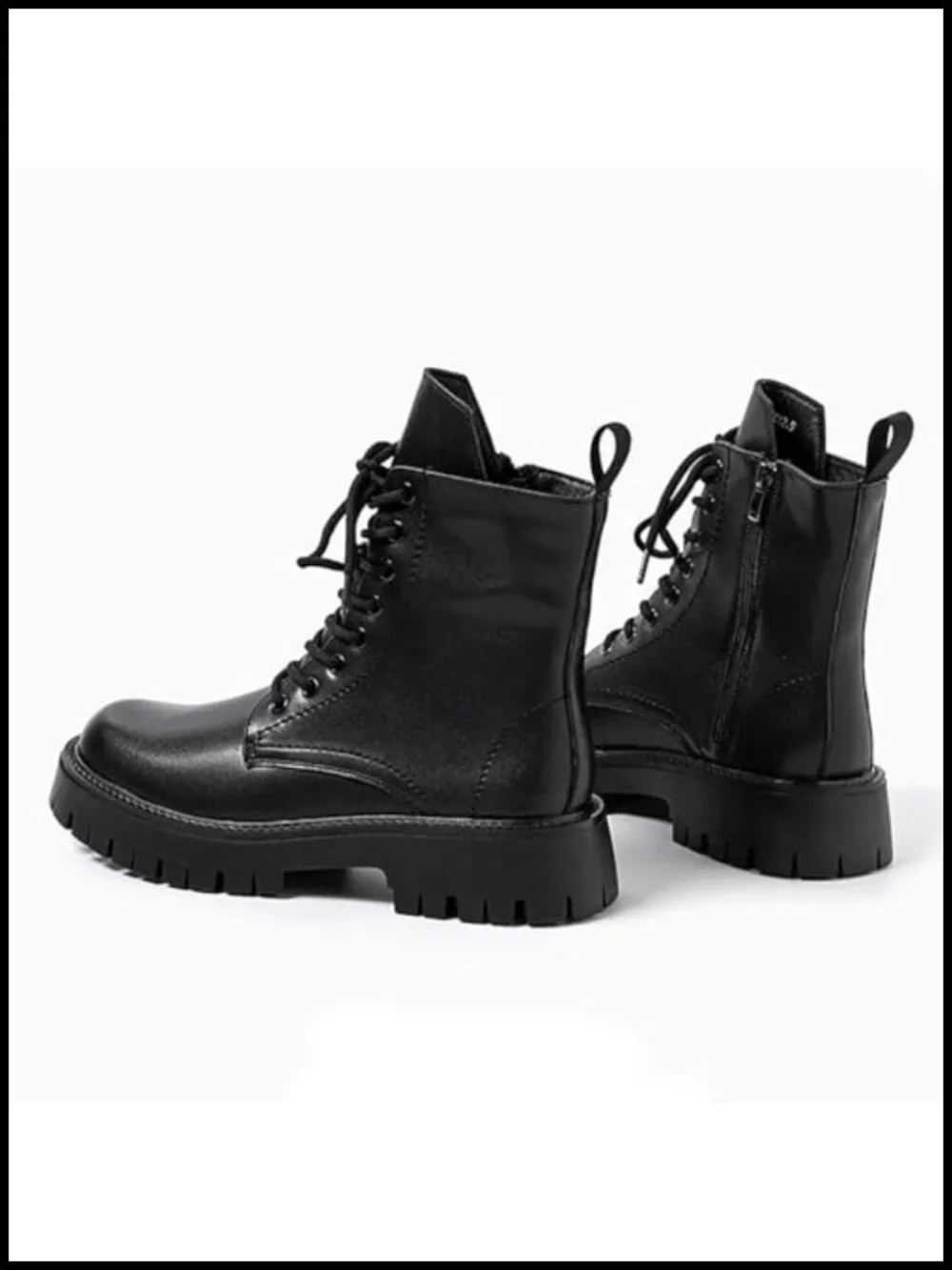Black Patent Leather Platform Combat Boots Wide Toe Lace Up Side Zipper Chunky